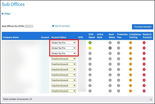 Sub-office list showing three accounts set to renew for Drake Tax Pro. Sub-office list showing three accounts set to renew for Drake Tax Pro.